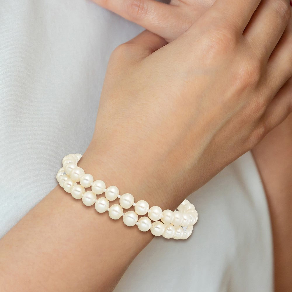 Sterling Silver 6-7mm Round White Fwc Pearl 2-Strand 7in Bracelet