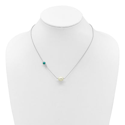 Sterling Silver Rhodium Plated CZ Com. Turquoise Fwc Pearl W 2in Ext Necklace