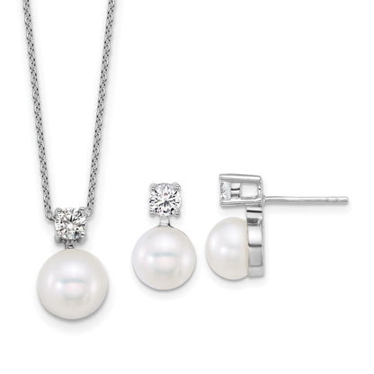 Sterling Silver Rhodium Plated Fwc Pearl and CZ 17in Necklace/earring Set