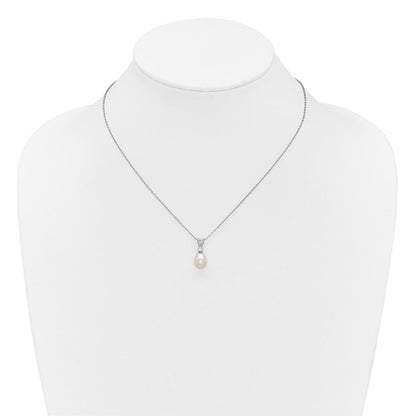 Sterling Silver Rhodium Plated Fwc Pearl and CZ 17in Necklace/earring Set