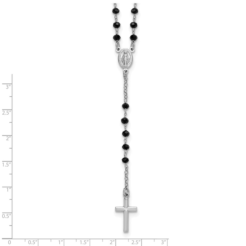 Sterling Silver Rhodium Plated Black Crystal 18.5in with 1in Ext. Rosary Necklac