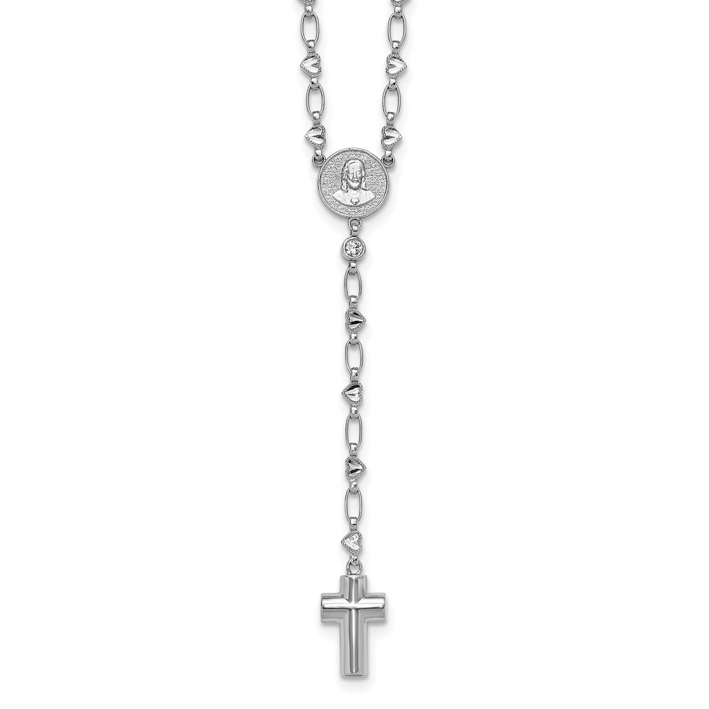 Sterling Silver Rhodium Plated CZ 26.5in Heart Link Cross Ash Holder Necklace