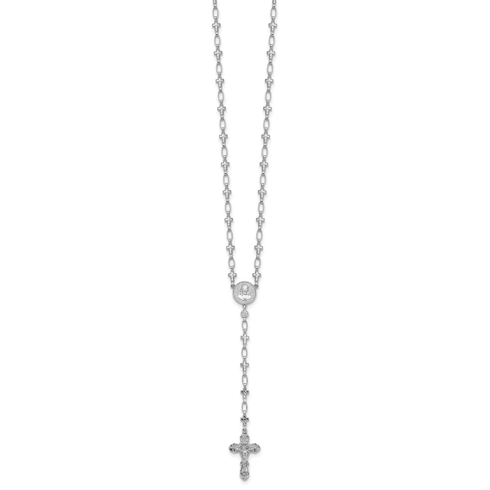 Sterling Silver Rhodium-Plat Polished CZ & D/c Cross 30.5in Rosary Necklace