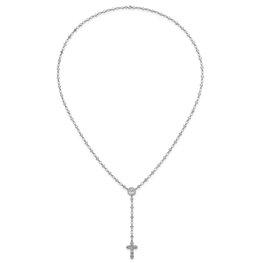 Sterling Silver Rhodium-Plat Polished CZ & D/c Cross 30.5in Rosary Necklace