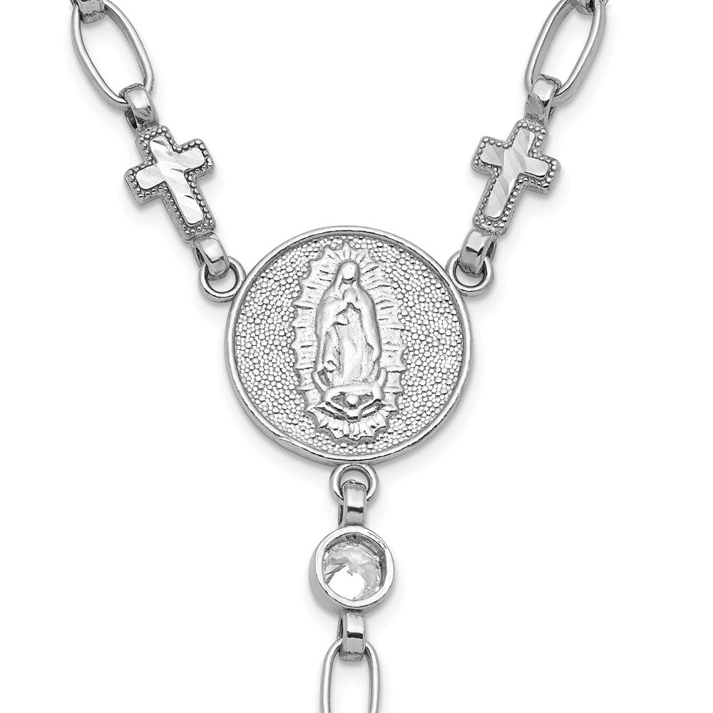 Sterling Silver Rhodium-Plat Polished CZ & D/c Cross 30.5in Rosary Necklace