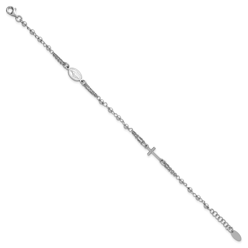 Sterling Silver Rhodium Plated 7.25in w/.5in Ext. Rosary Themed Bracelet