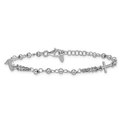Sterling Silver Rhodium Plated 7.25in w/.5in Ext. Rosary Themed Bracelet