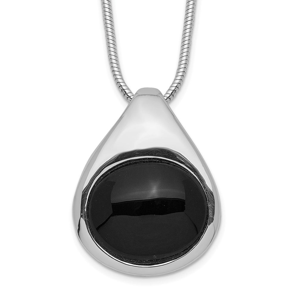 Sterling Silver Rhodium-Plated Round Onyx Pendant Necklace