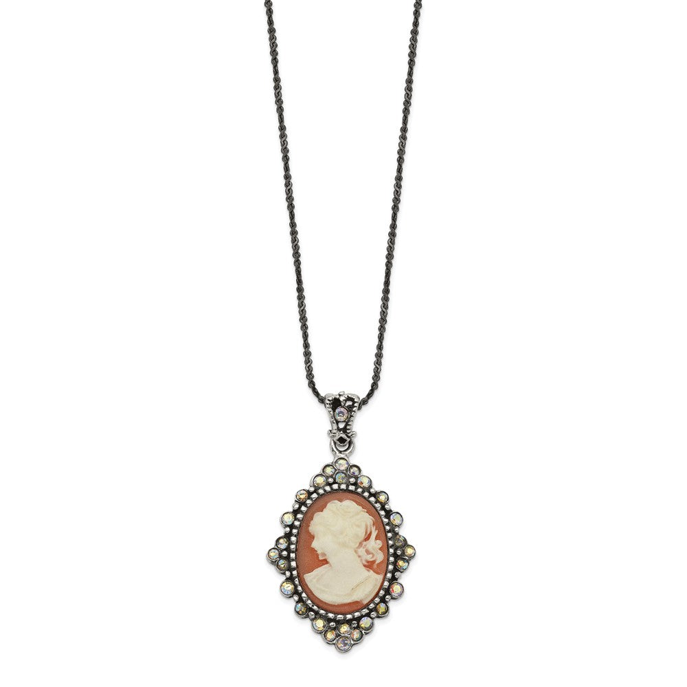 Sterling Silver Antiqued Peach Resin Cameo W/Crystal Necklace