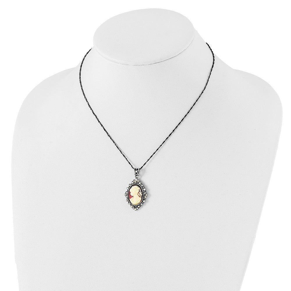Sterling Silver Antiqued Peach Resin Cameo W/Crystal Necklace