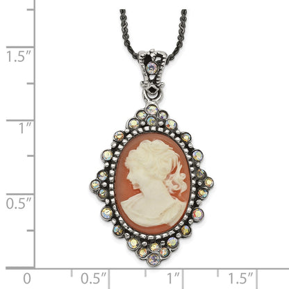 Sterling Silver Antiqued Peach Resin Cameo W/Crystal Necklace