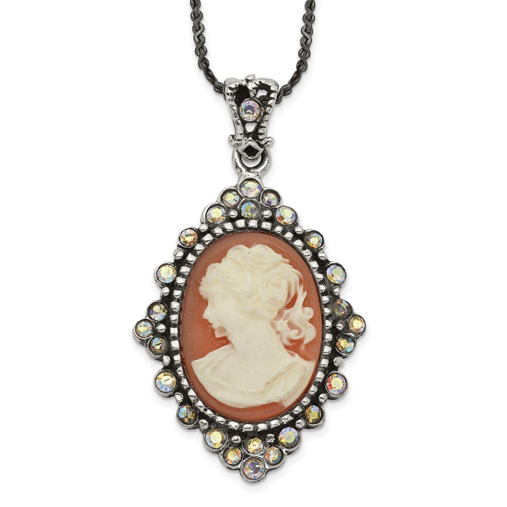 Sterling Silver Antiqued Peach Resin Cameo W/Crystal Necklace