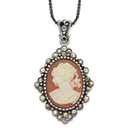Sterling Silver Antiqued Peach Resin Cameo W/Crystal Necklace