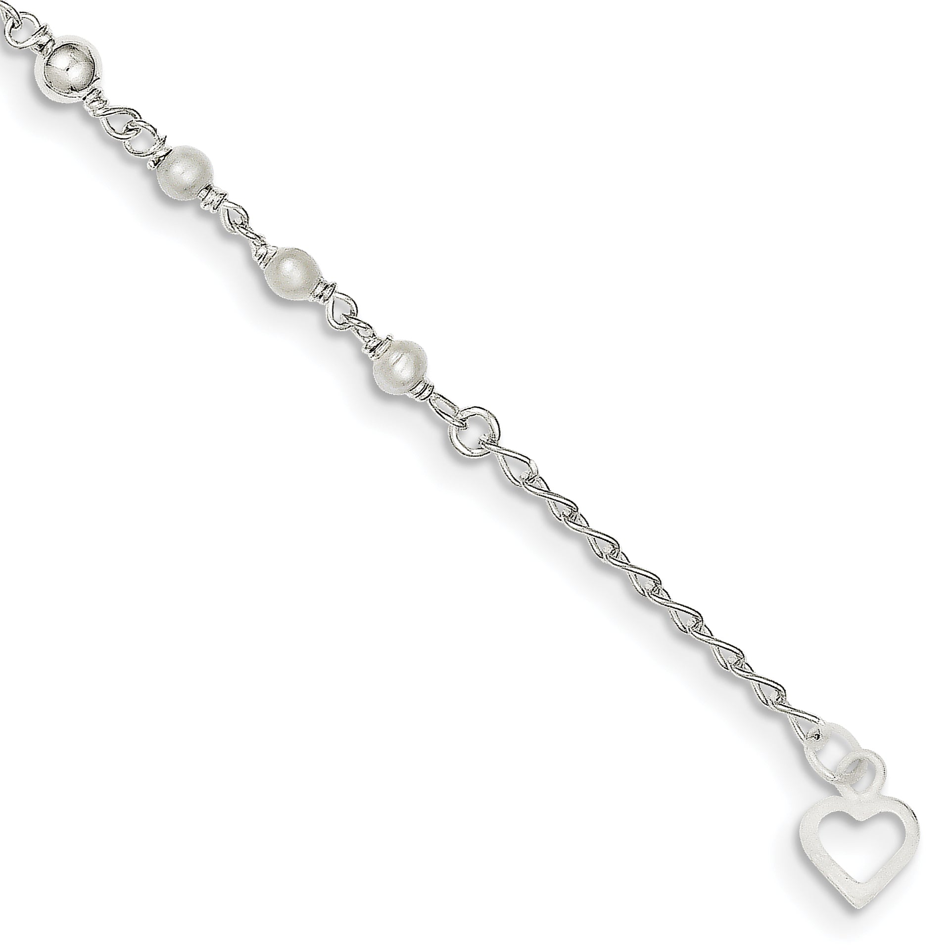 Sterling Silver Polished 9In Plus 1In Ext Fwc Pearl And Heart Anklet