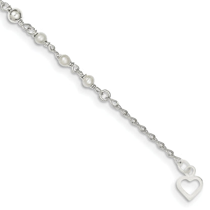 Sterling Silver Polished 9In Plus 1In Ext Fwc Pearl And Heart Anklet