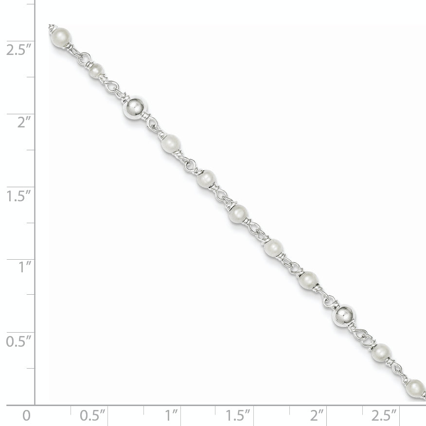 Sterling Silver Polished 9In Plus 1In Ext Fwc Pearl And Heart Anklet