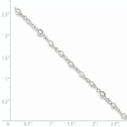 Sterling Silver Polished 9In Plus 1In Ext Fwc Pearl And Heart Anklet