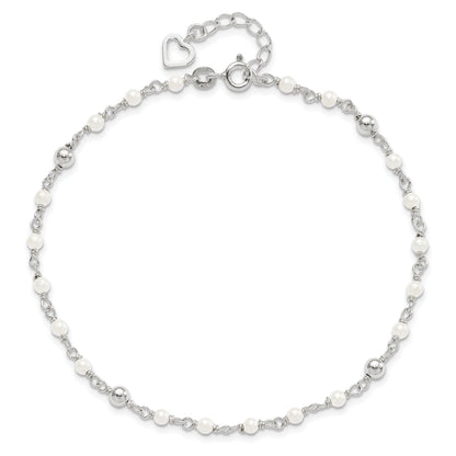 Sterling Silver Polished 9In Plus 1In Ext Fwc Pearl And Heart Anklet