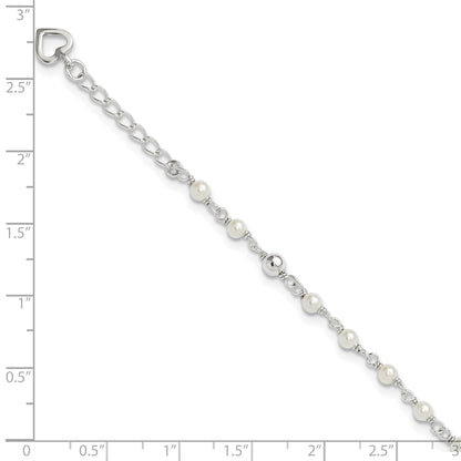 Sterling Silver Polished 9In Plus 1In Ext Fwc Pearl And Heart Anklet
