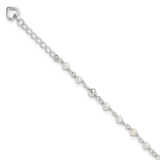 Sterling Silver Polished 9In Plus 1In Ext Fwc Pearl And Heart Anklet