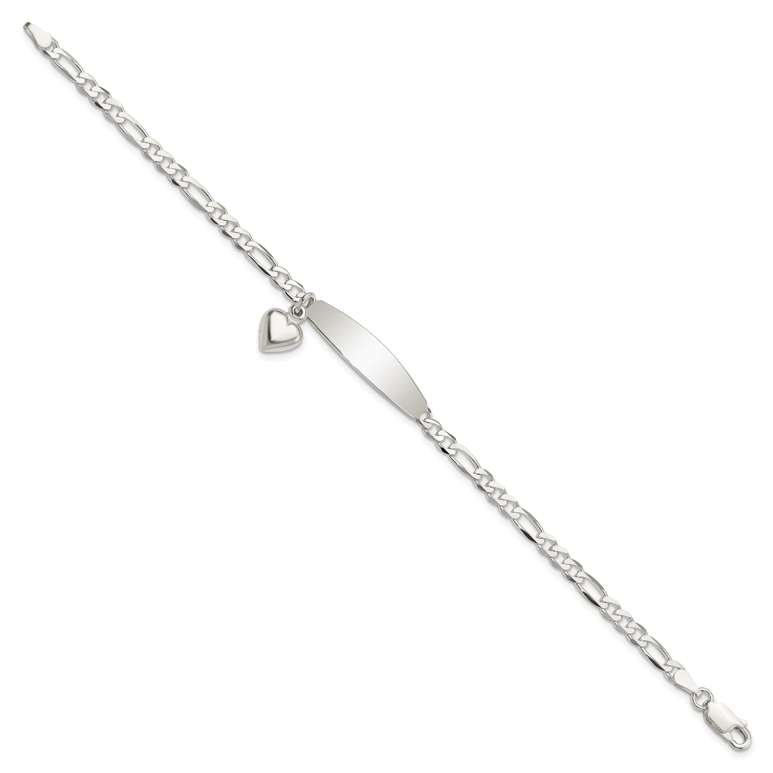 7.5 Inch Sterling Silver Polished Figaro Id Heart Dangle Bracelet