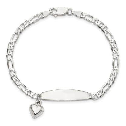 7.5 Inch Sterling Silver Polished Figaro Id Heart Dangle Bracelet