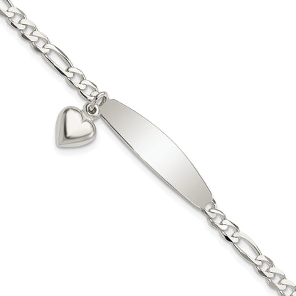 7.5 Inch Sterling Silver Polished Figaro Id Heart Dangle Bracelet