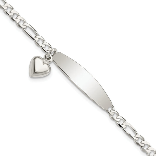 7.5 Inch Sterling Silver Polished Figaro Id Heart Dangle Bracelet