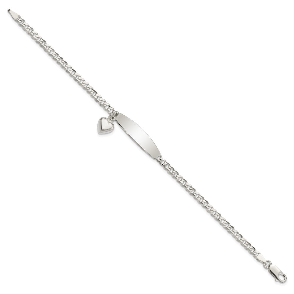 7.5 Inch Sterling Silver Polished Curb Link Id Heart Dangle Bracelet