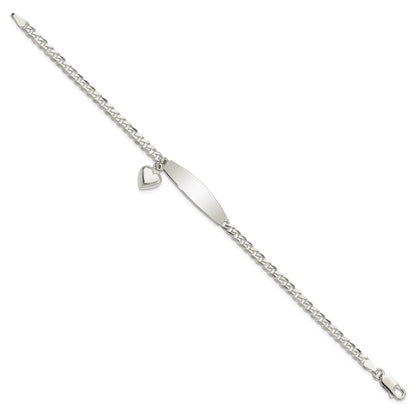 7.5 Inch Sterling Silver Polished Curb Link Id Heart Dangle Bracelet