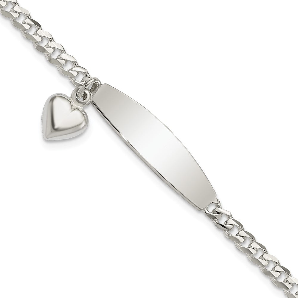 7.5 Inch Sterling Silver Polished Curb Link Id Heart Dangle Bracelet