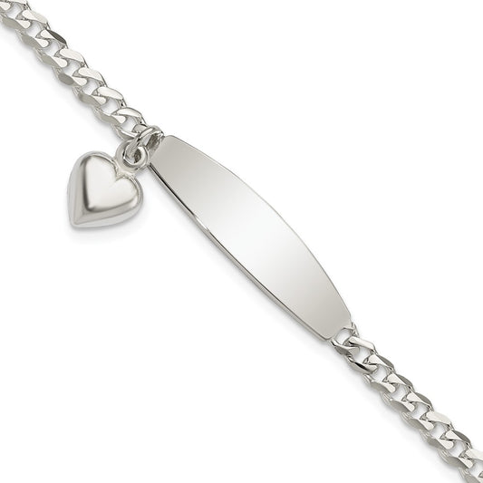 7.5 Inch Sterling Silver Polished Curb Link Id Heart Dangle Bracelet
