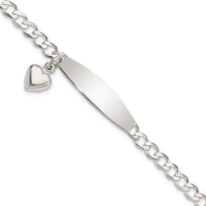 7.5 Inch Sterling Silver Polished Curb Link Id Heart Dangle Bracelet