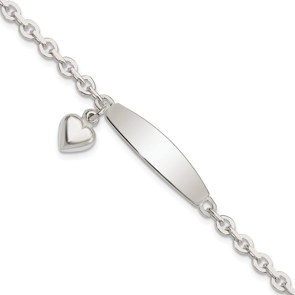 7.5 Inch Sterling Silver Polished Rolo Link Id Heart Dangle Bracelet
