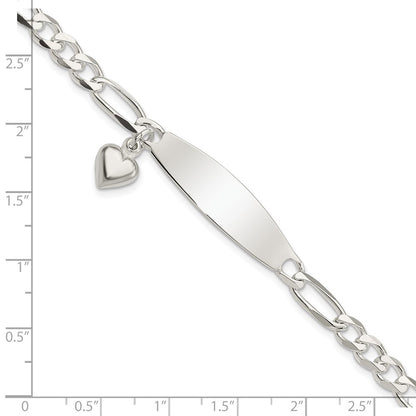 7.5 Inch Sterling Silver Polished Figaro Id Heart Dangle Bracelet