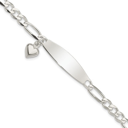 7.5 Inch Sterling Silver Polished Figaro Id Heart Dangle Bracelet