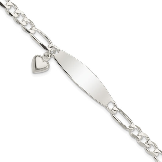7.5 Inch Sterling Silver Polished Figaro Id Heart Dangle Bracelet