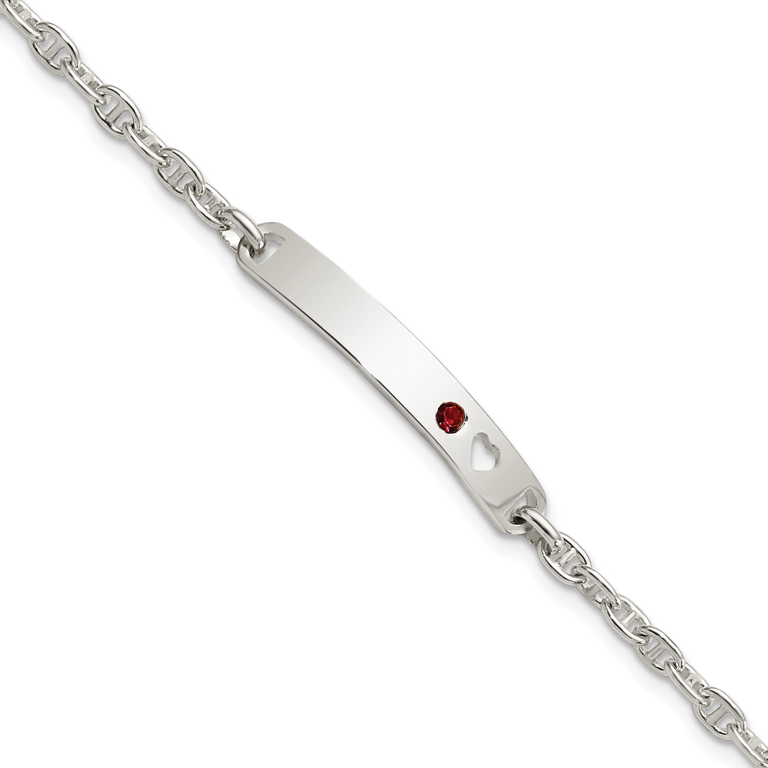 7.5 Inch Sterling Silver Polished Id With Red Cz Heart Bracelet