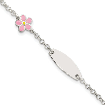 6 Inch Sterling Silver Childrens Enameled Flower 5In Plus 1In Ext Id Bracelet