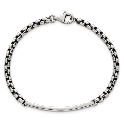 Sterling Silver Antiqued Round Box Chain 8 Inch Men's Id/bar Bracelet