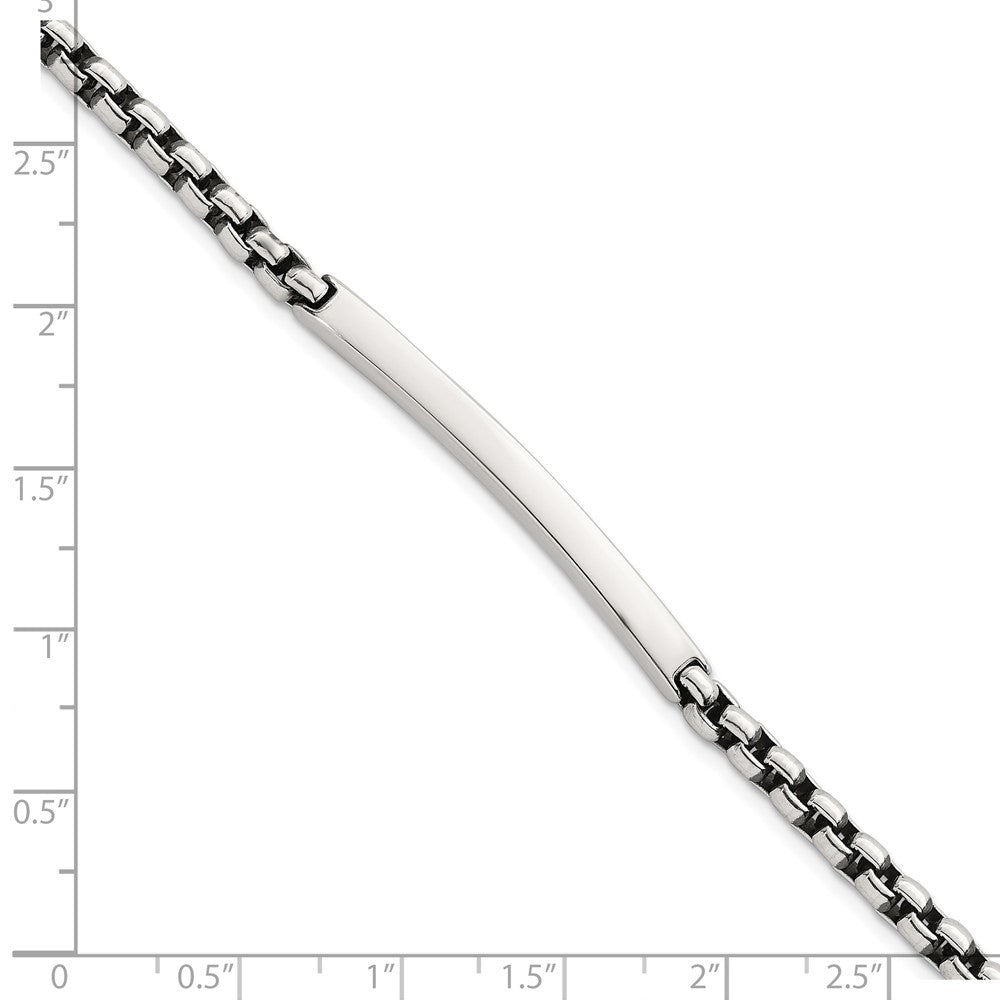 Sterling Silver Antiqued Round Box Chain 8 Inch Men's Id/bar Bracelet