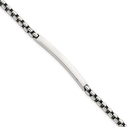 Sterling Silver Antiqued Round Box Chain 8 Inch Men's Id/bar Bracelet