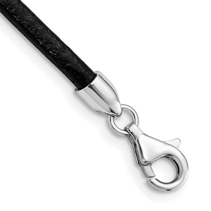Sterling Silver Rhodium-Plated 16Inch 3mm Black Leather Necklace