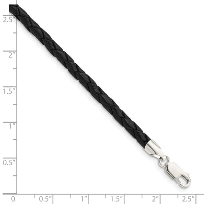 Sterling Silver 16Inch 4mm Black Leather Braided Necklace
