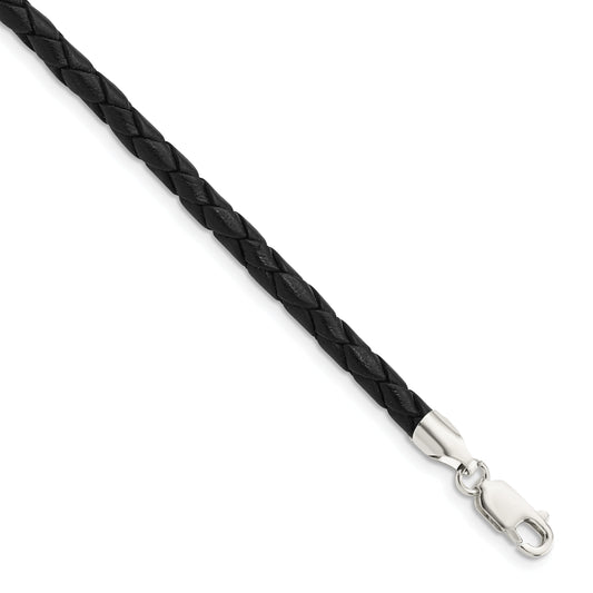 Sterling Silver 16Inch 4mm Black Leather Braided Necklace