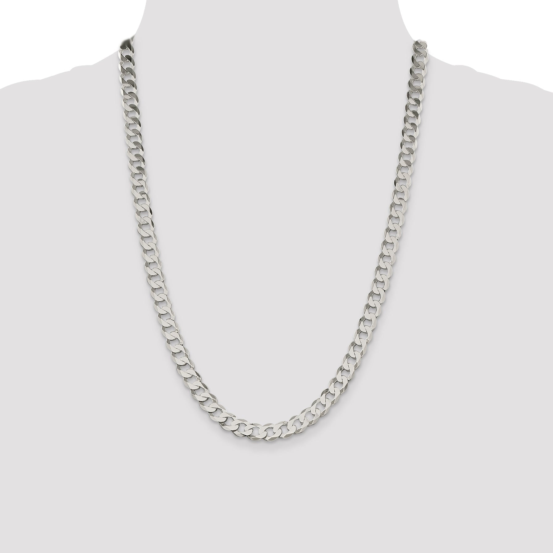 24 Inch Sterling Silver 7.5mm Flat Curb Chain Necklace