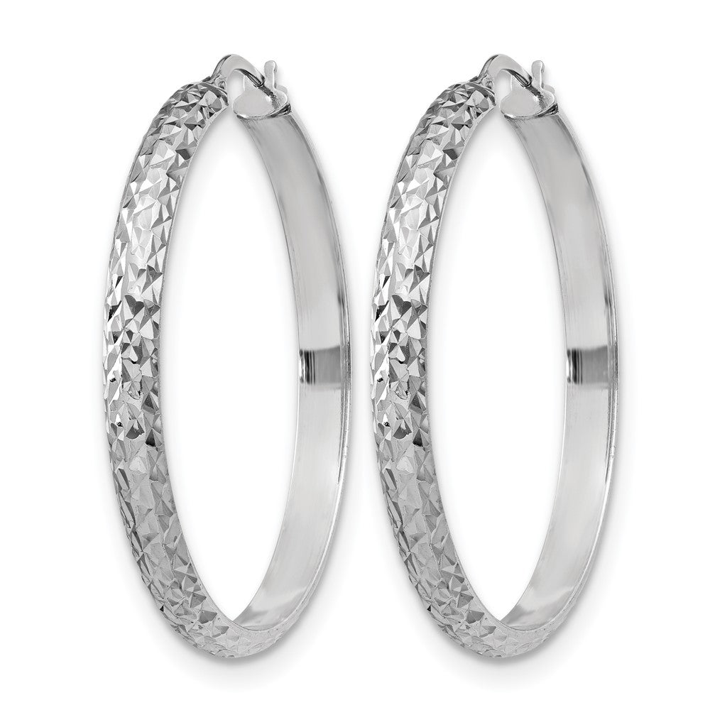Sterling Silver Rh Plated Polished & Textured Hoop Earrings