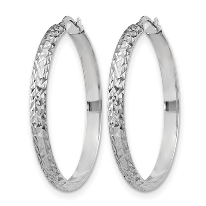 Sterling Silver Rh Plated Polished & Textured Hoop Earrings