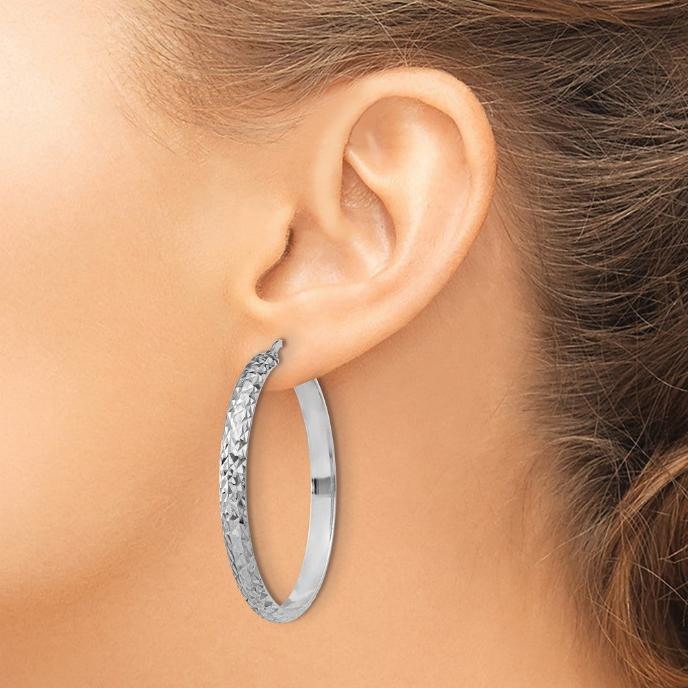 Sterling Silver Rh Plated Polished & Textured Hoop Earrings