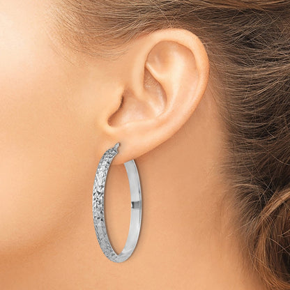 Sterling Silver Rh Plated Polished & Textured Hoop Earrings